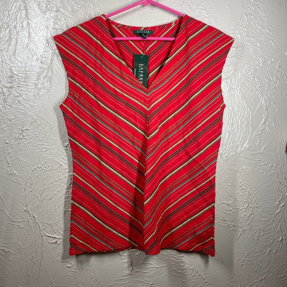 Lauren Ralph Lauren Womens Top Red Sleeveless V Neck Knit Striped Size Large NWT